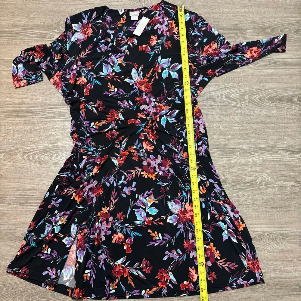 Chico’s NWT Floral Faux Wrap Dress Sz 4 (20-22) Black Multicolor 3/4 Sleeve - Picture 6 of 7